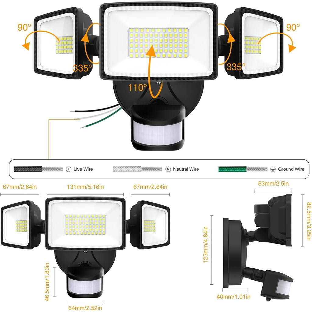 Onforu 75W Led Flood Light Motion Sensor Outdoor, 7000Lm Dusk To Dawn Flood Light, Security Light With Three Head, Ip65 Waterproof Exterior Floodlight, 6500K Wall Light For Entryway Stairs Yard Garage