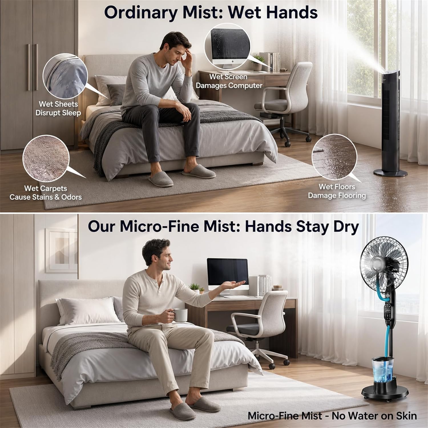Misting Fan, 16'' Standing Fan With Humidifier, Oscillating Fan With 3 Winds 9 Speeds, Ultrasonic Humidifier For Bedroom/Living Room/Office, 0.5-7H Timer For Daily Indoor Cool