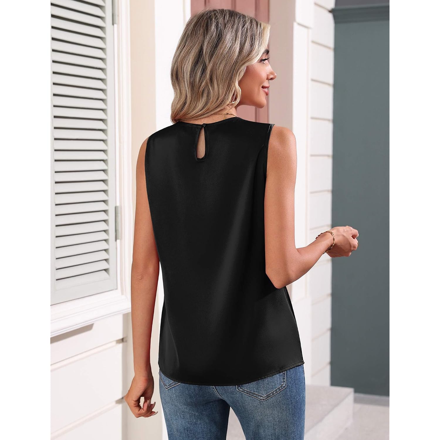 Zeagoo Womens Silk Satin Tank Tops Crew Neck Pleated Camisole Sleeveless Business Work Blouse Dressy Casual Summer Shirt
