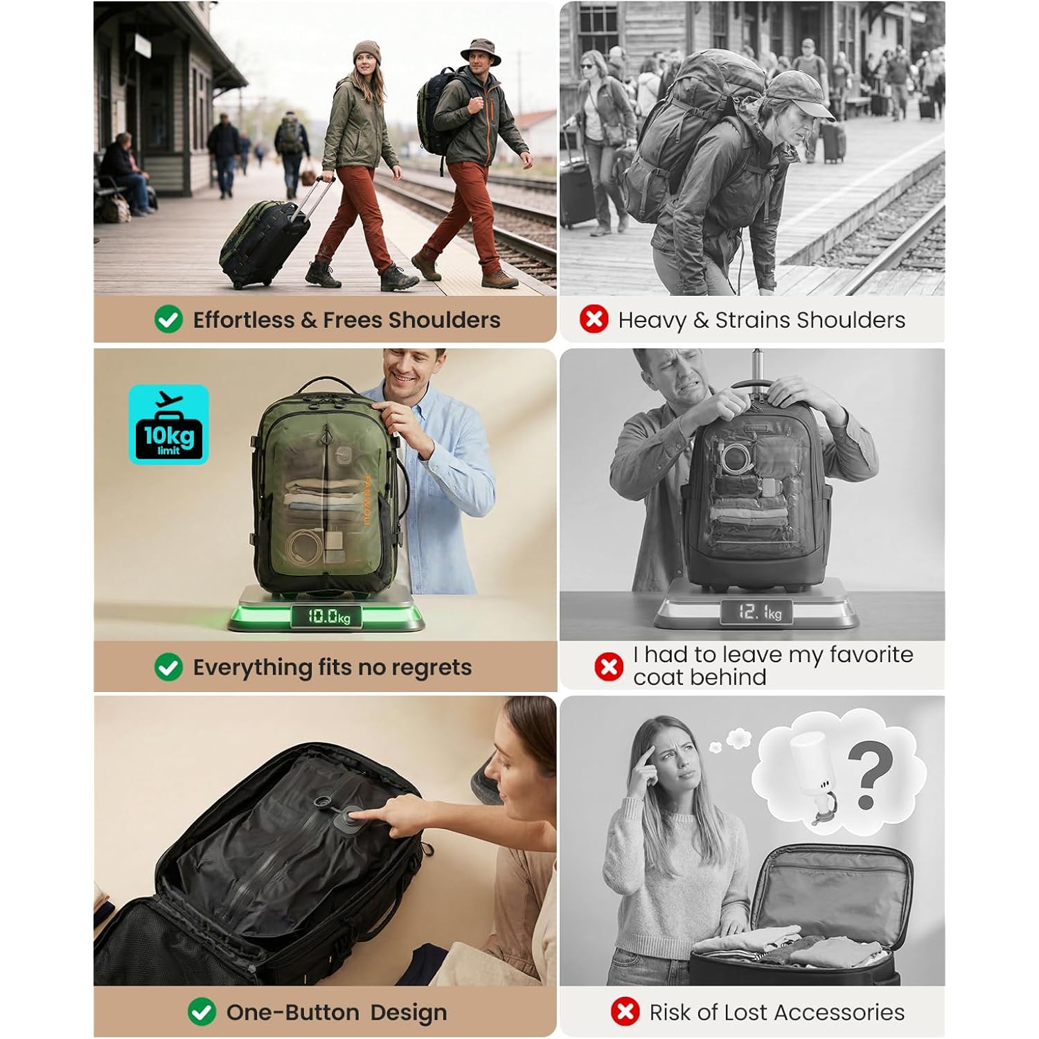 Fanwoli Rolling Vacuum Backpack Travel With One-Button Compression,Carry-On | 55L Expandable | 2-In-1 Design | Built-In Electric Pump | 16 Pockets | Water Resistant | Fits 18” Laptop