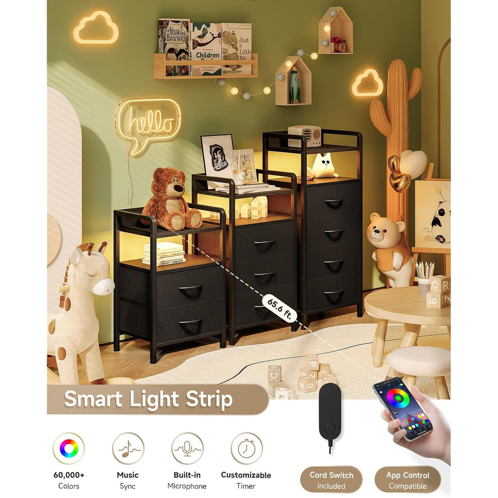 Lazzanto Night Stand Bedside Charger Bedroom - Nightstand with Charging Station & LED Light Strip, Night Stand with Storage Shelf & 2 Fabric Drawers, Morden End Table with U-S-B Ports & AC Outlets
