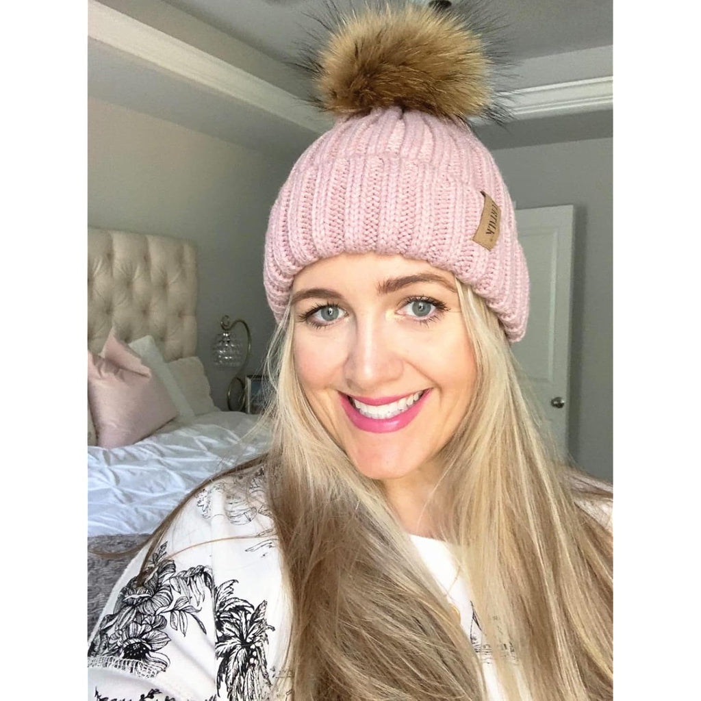Furtalk Womens Winter Beanie Hat Satin Lined Faux Fur Pom Pom Beanies Hat For Women Winter Warm Knit Hats