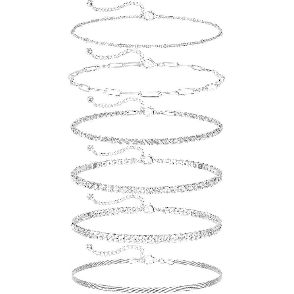DEARMAY 14K Gold Plated Ankle Bracelets for Women Waterproof - Dainty 6Pcs Anklets Layered Cuban Link Chain Herringbone Cute Anklets Set Pack Summer Beach Jewelry Gift for Women Teen