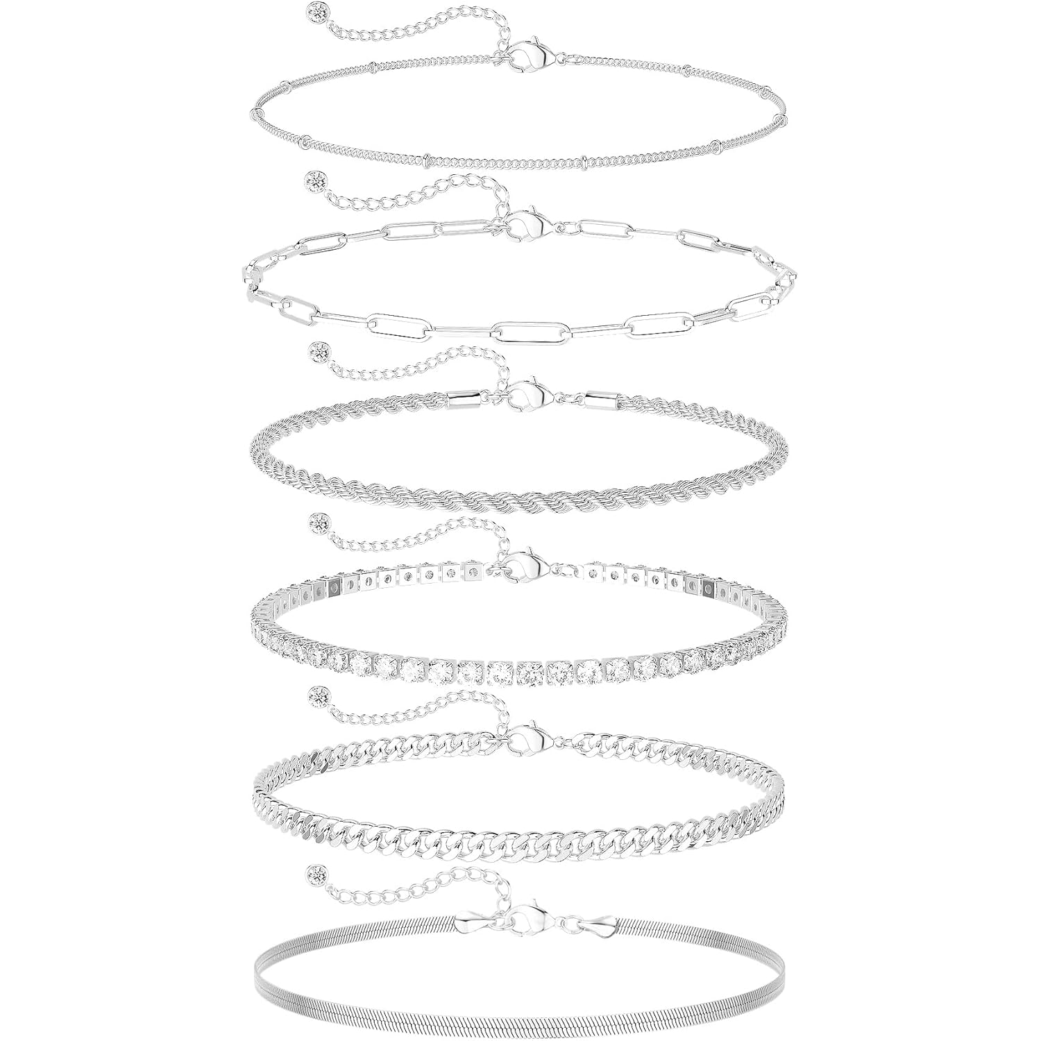 DEARMAY 14K Gold Plated Ankle Bracelets for Women Waterproof - Dainty 6Pcs Anklets Layered Cuban Link Chain Herringbone Cute Anklets Set Pack Summer Beach Jewelry Gift for Women Teen