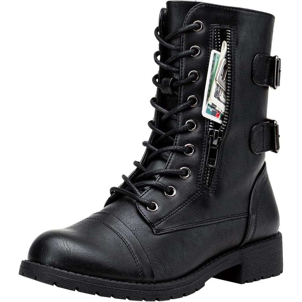 Women'S Combat Boots Low Heel, Mid Calf Military Boots With Card Knife Wallet Pocket