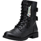 Women'S Combat Boots Low Heel, Mid Calf Military Boots With Card Knife Wallet Pocket