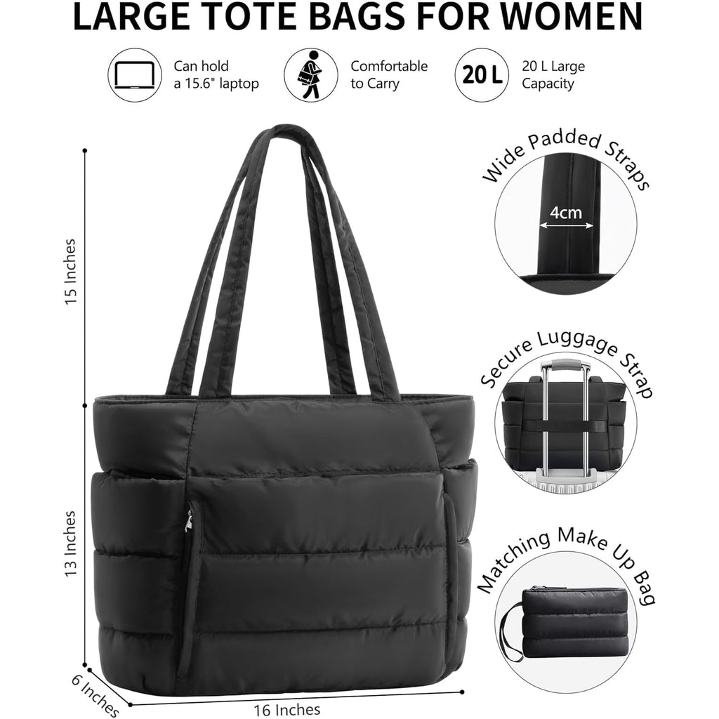 Bagstellar Puffer Tote Bag for Women, Lightweight Puffy Work Handbag Teacher Nurse Quilted Shoulder Bag for School Travel Gym | Cloud Bag w/ Zipper, Daily College Bags, 15.6" Computer Bag, Clinical Nursing Bag, 40 OZ Tumbler Holder, Ideal Gift for Women