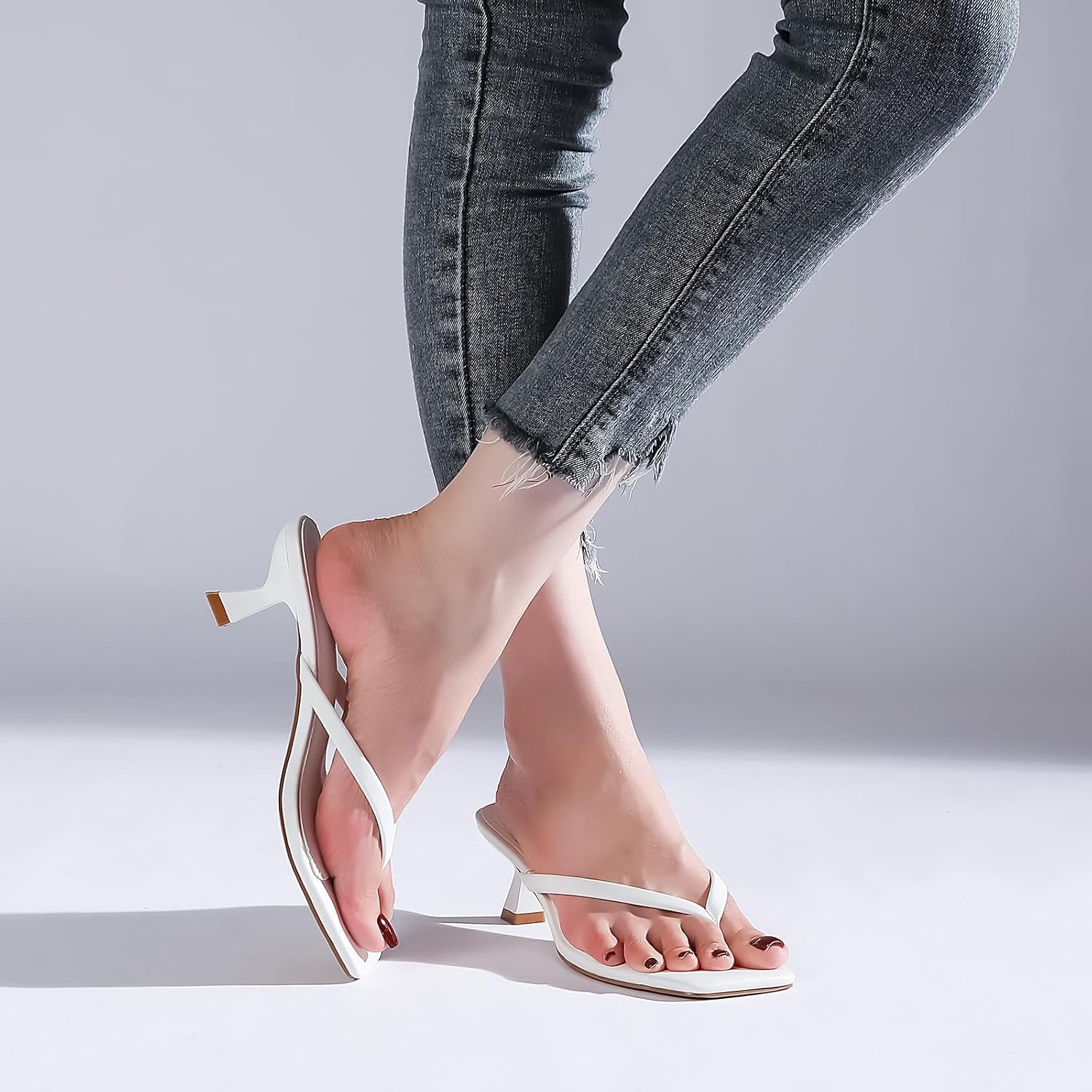 Kitten Flip Flop Thong Low Heels For Women Square Open Toe Slip On Heeled Sandals