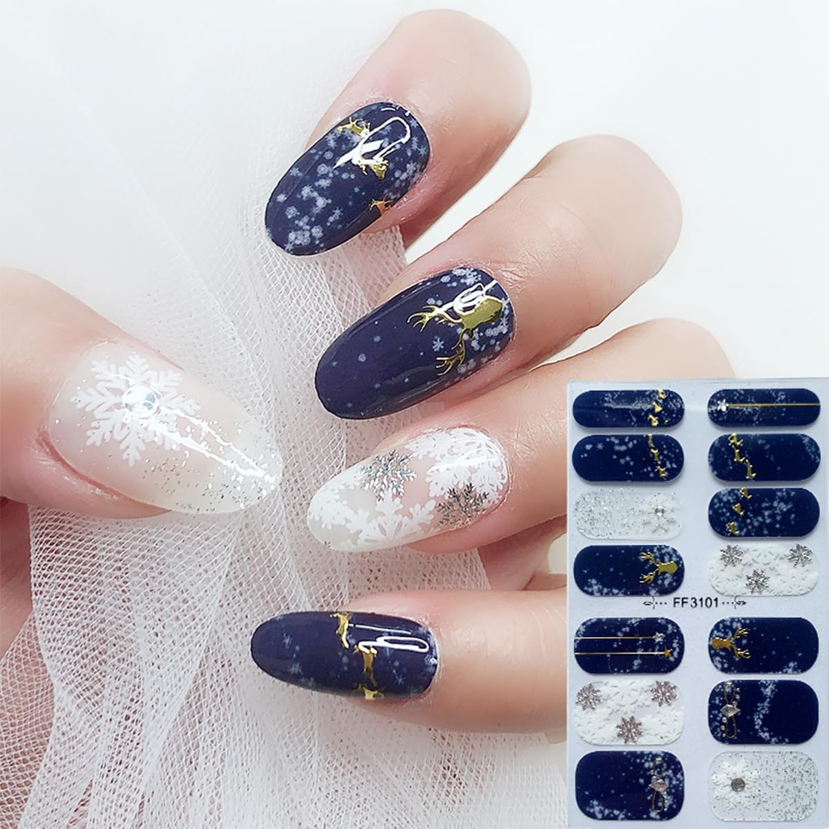 4 Sheets Christmas Gel Nail Stickers Snowflake Xmas Trees Nail Wraps Sticker with 3D Rhinestones Design Gilding Reindeer Nail Polish Strips Self-Adhesive Glitter Winter Full Wrap Nails Strip for Women