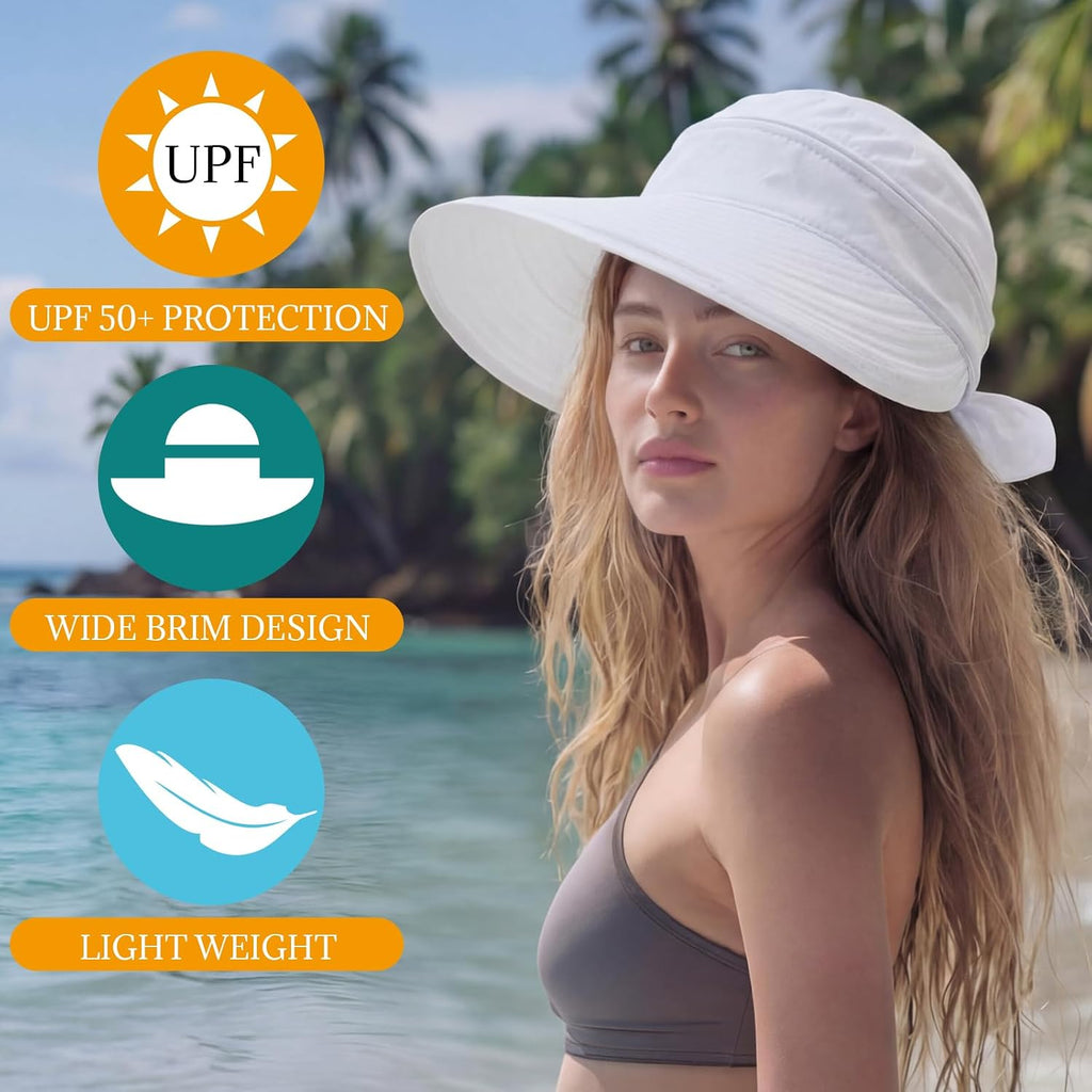 2-in-1 Zip-Off Sun Visor Hat for Women, Lightweight Wide Brim UV Protection Ponytail Hat, Breathable Summer Cap White