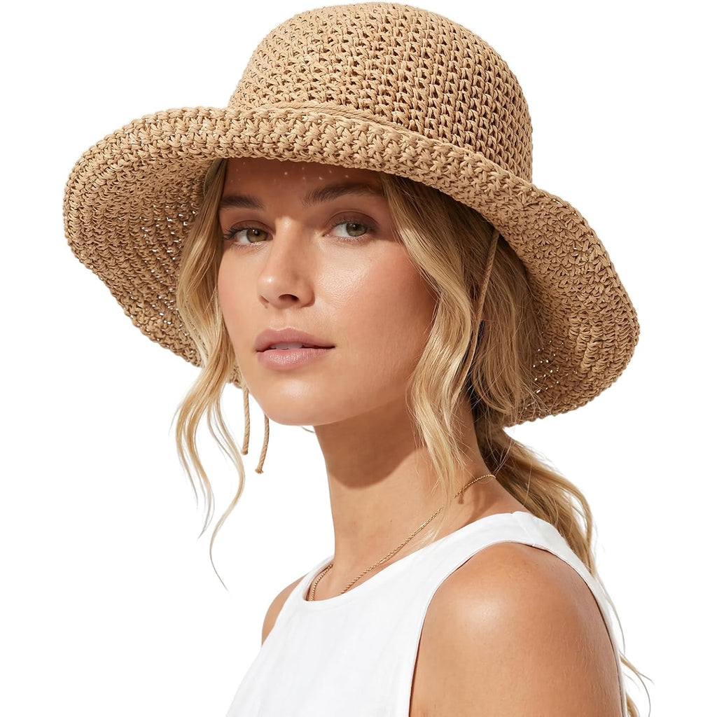 Marrywindix Women Straw Sun Hat Bucket Hat Wide Brim Foldable Summer Beach Lightweight Packable Travel Cap Khaki