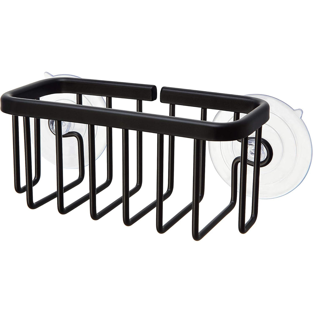 SunnyPoint NeverRust Kitchen & Bathroom Sink Caddy for Sponges, Scrubbers, Soap, 6" x 2.5" x 2.65", with Adhesive Mount - Additional Suction Cup Included –Aluminum (Black)