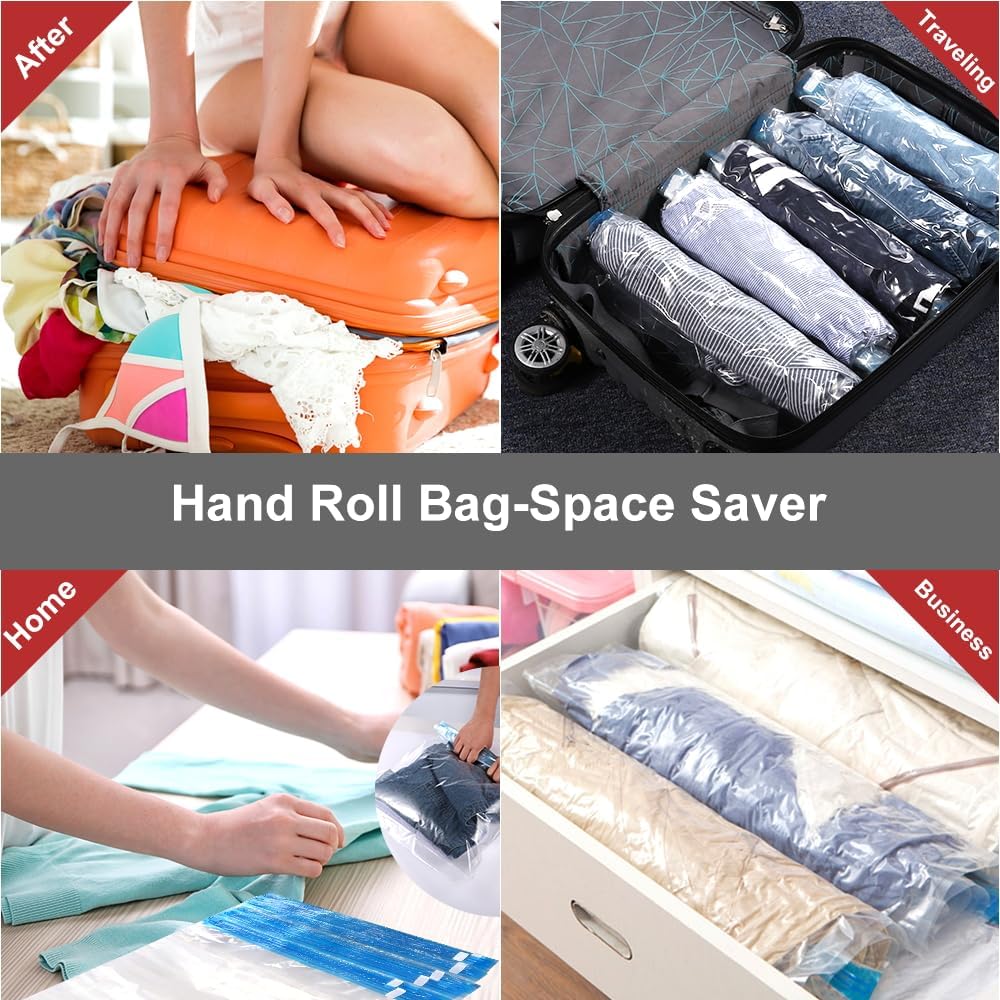 Compression Bags - Travel Essentials - 12 Pack Space Saver Bags - No Vacuum Pump Or Air Extractor Is Needed - Storage Accessorie And Home Packing Organizers (Transparent)