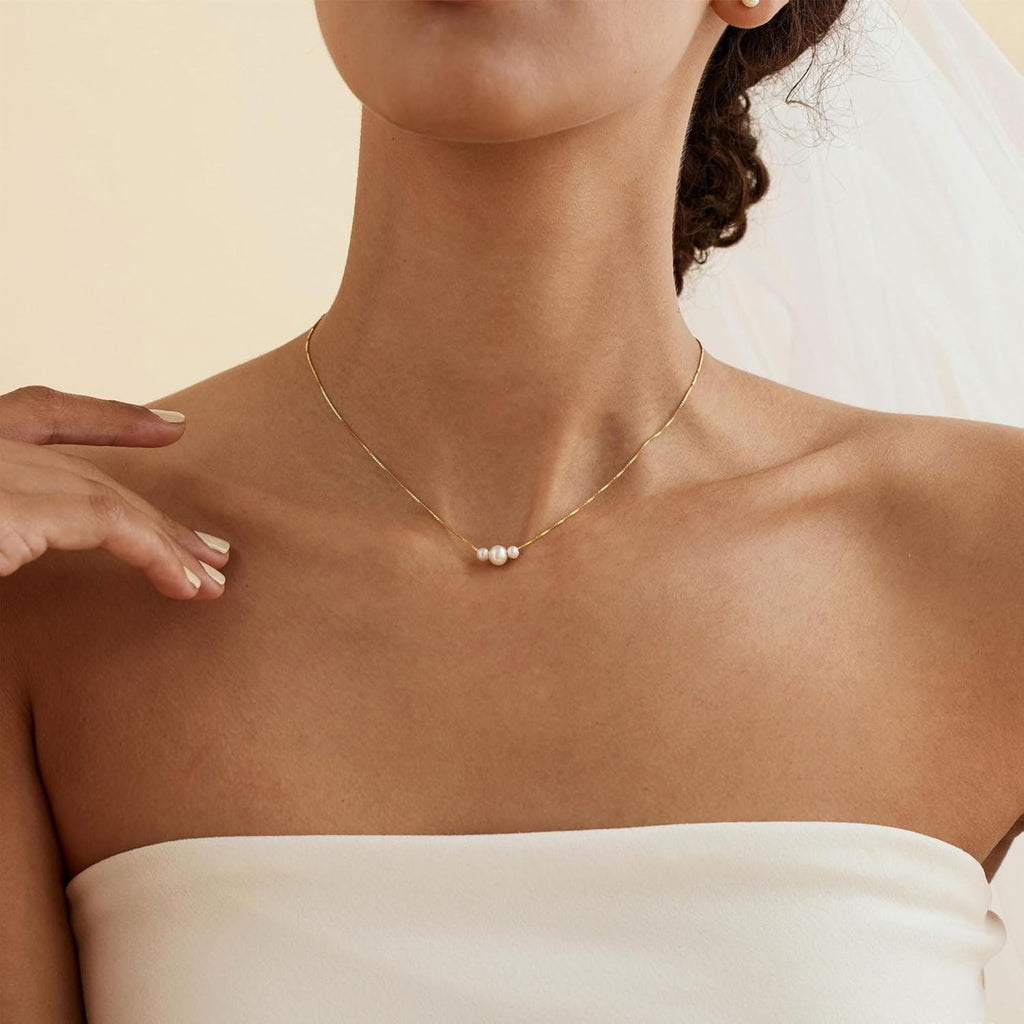 Mothers Day Gifts - 14K Gold Plated Pearl Necklaces for Women Trendy Dainty Necklace Simple Layered Gold Pearl Necklace for Women Mothers Day Wedding Birthday Gifts