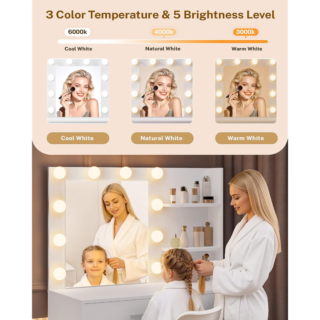 Livelyglow 35.4" White Makeup Vanity Desk With 10 Hollywood Light Bulbs | Dimmable Lighting, Large Mirror, Storage Cabinet