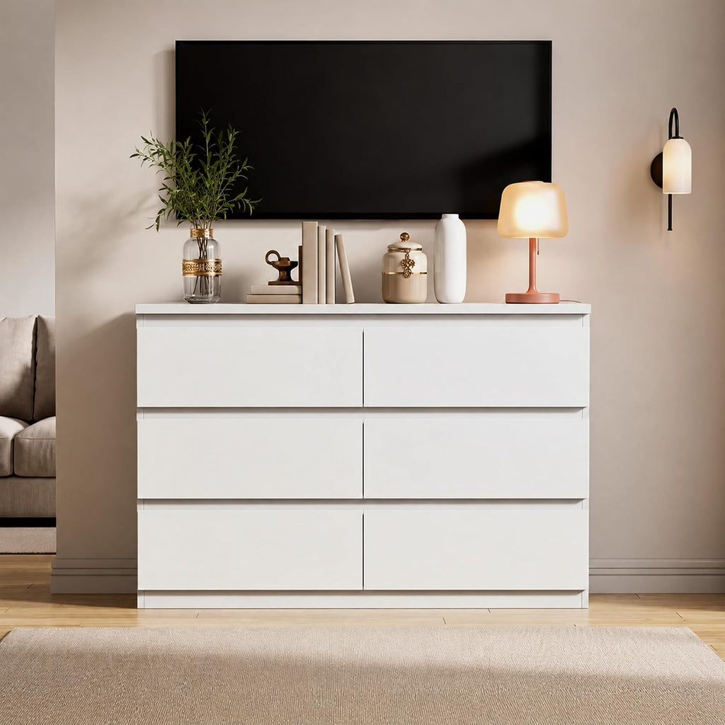 6 Drawer Double Dresser For Bedroom, Modern Simply Chest Of Drawers, Wood Storage Dresser With Anti-Tipping For Living Room Hallway Entryway, Nursy White (15.3" D X 47.2" W X 32.3" H)