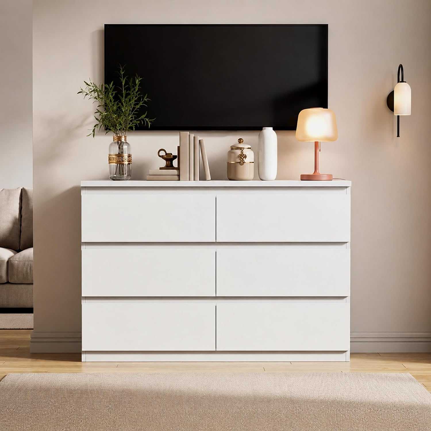 6 Drawer Double Dresser For Bedroom, Modern Simply Chest Of Drawers, Wood Storage Dresser With Anti-Tipping For Living Room Hallway Entryway, Nursy White (15.3" D X 47.2" W X 32.3" H)