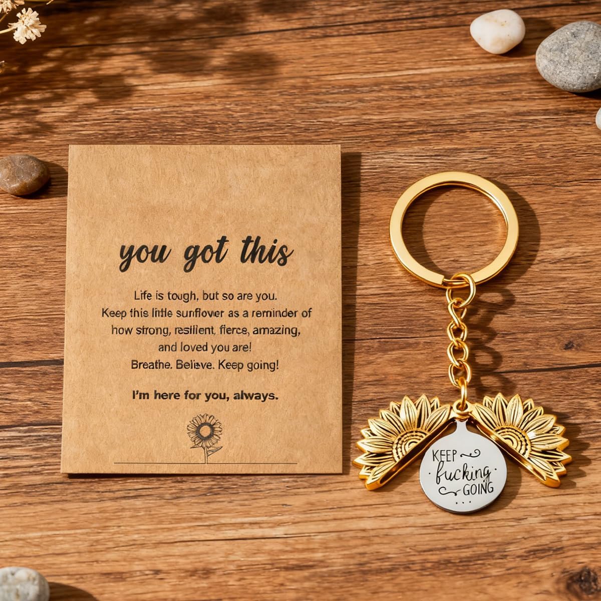 Inspirational Keep Going Sunflower Keychain, Encouragement Motivational Gift for Women Men Friends Family Coworkers