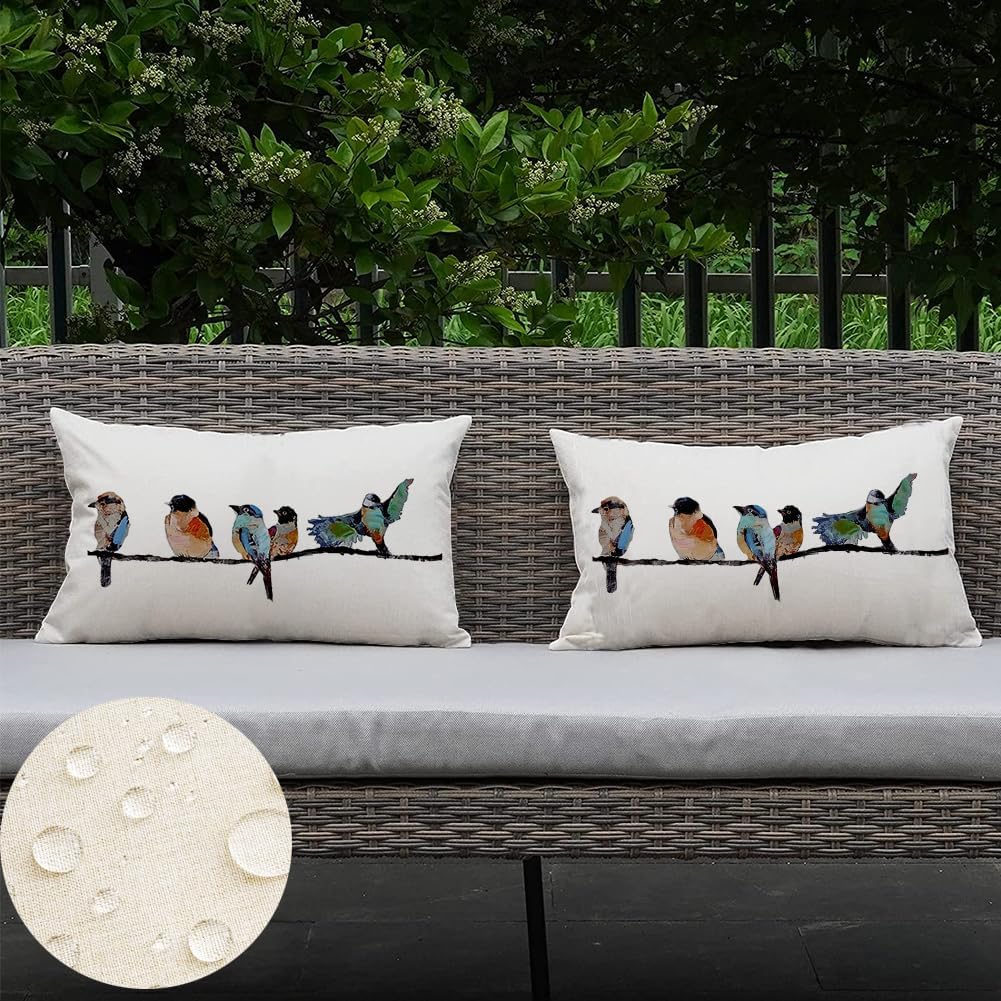Outdoor Pillow Covers Waterproof 12X20,Outdoor Bird Lumbar Throw Pillow Cases Small Decorative Pillows For Couch Patio Furniture Polyester Linen Teal Blue