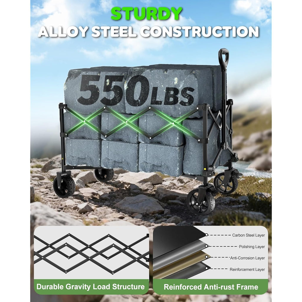 40" Extra Large Collapsible Wagon Cart 550 Lbs Capacity Big Wheels | Folds To 0.65 Cu Ft (1/10 Of Expanded Size); Quiet 360° Big Wheels; 600D Oxford Fabric; 300L For Bulky Gear; 550 Lbs Load