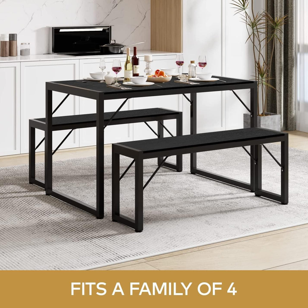 Gizoon 45.5" Dining Table Set For 4 With 2 Benches, Kitchen Table Set With Metal Frame & Mdf Board, Space-Saving Dinette For Kitchen, Dining Room -Black