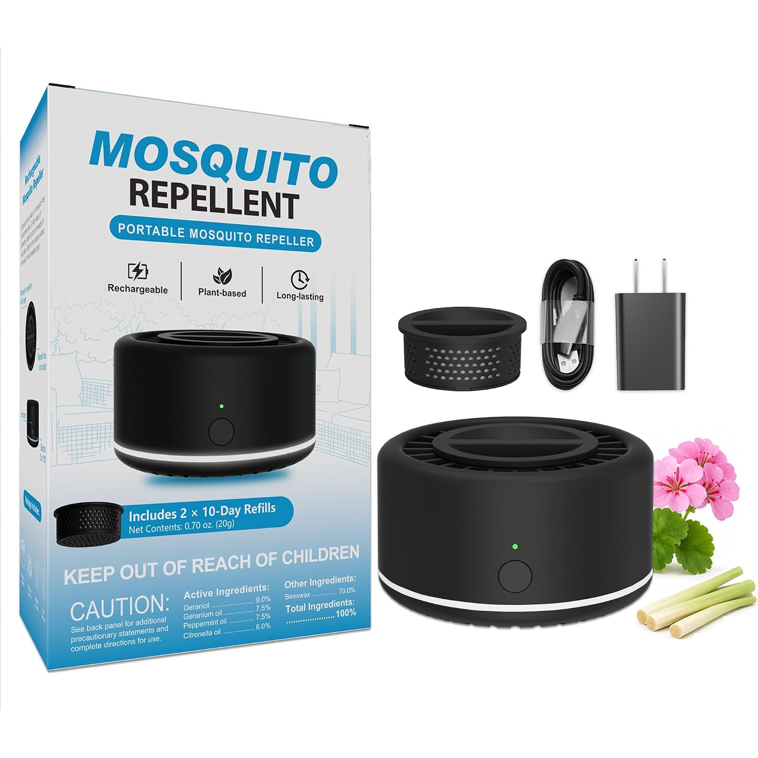 Virine Mosquito Repeller With Adapter, Portable Mosquito Repellent Device With 2 Refills, Fan-Powered Diffusion, Usb-C Rechargeable For Patio, Camping, Backyard And Outdoor Use