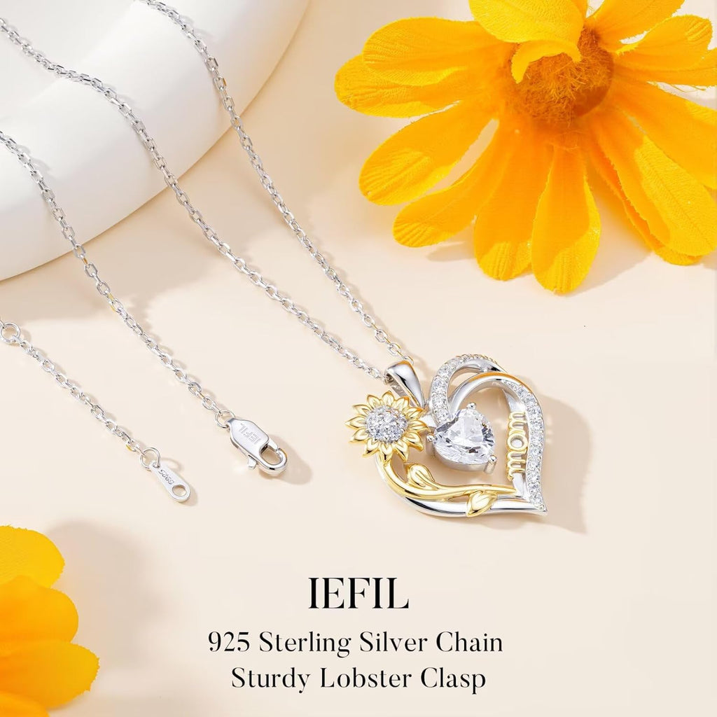 Iefil Mothers Day Gifts for Mom - 925 Sterling Silver Sunflower Necklaces for Women, Birthstone Jewelry Gifts for Mom/Mother in Law