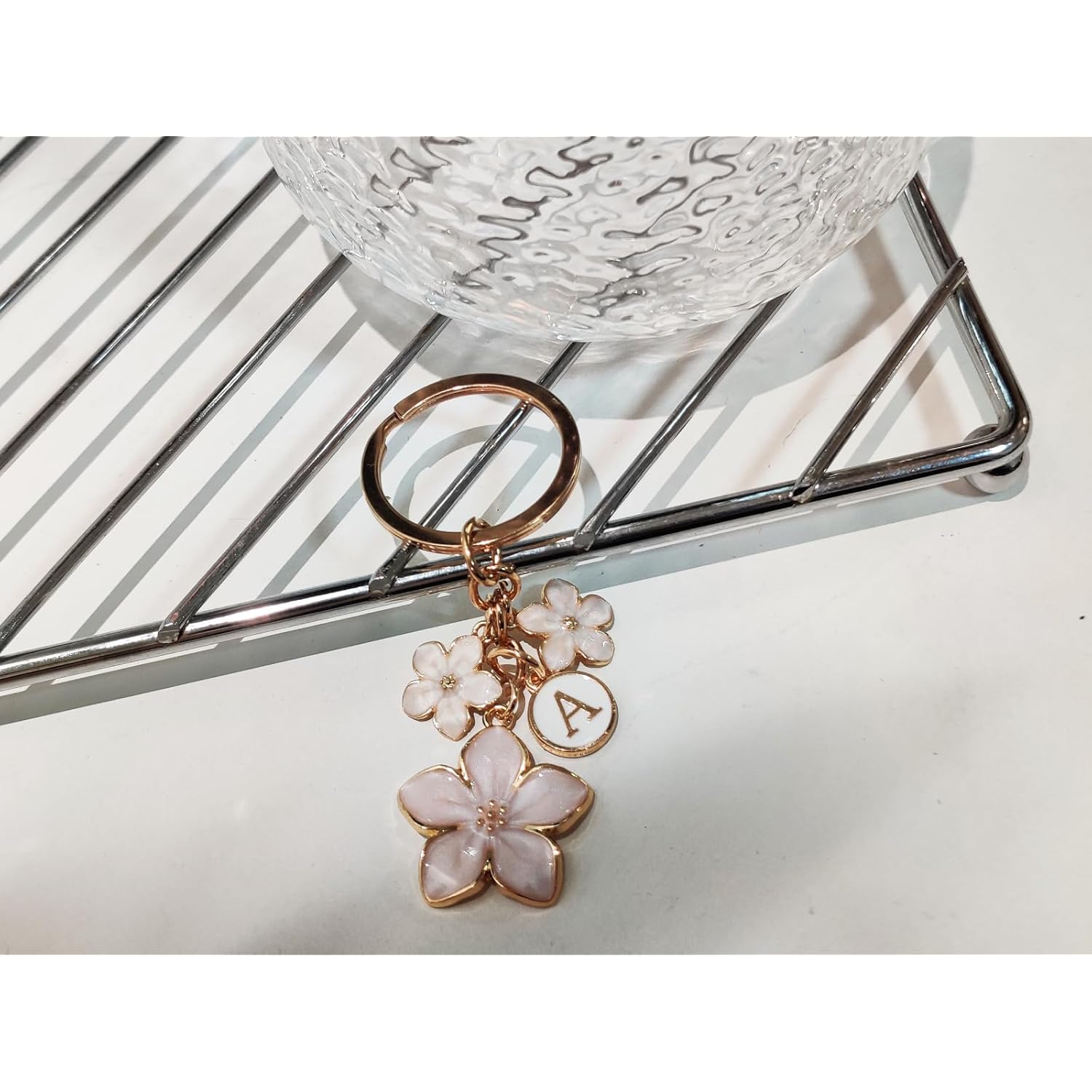 Pink/White/Black Cute Enamel Flower Initial Letter Bag Charms Keychain Aesthetic Accessory Keyring Purse Backpacks