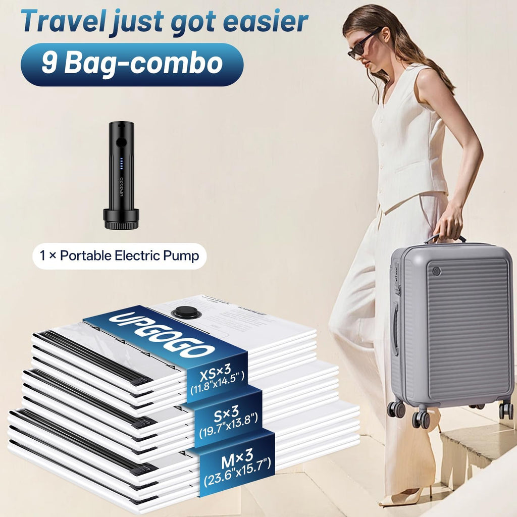 Upgogo Travel Vacuum Bags For Luggage With Portable Electric Pump,Vacuum Seal Bags For Clothing,Packing Cubes Compression,Cruise Ship And Travel Essentials(Combo 9 Pack)