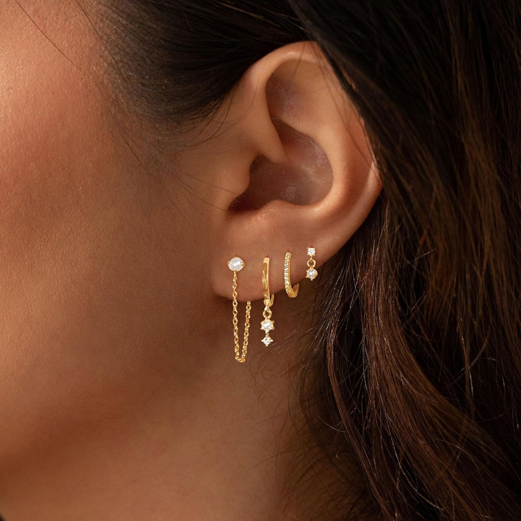 Gold Earrings for Women, 14k Gold Plated Dangle Huggie Earrings for Women Trendy Dainty Gold Hoop Earring Stacks Hypoallergenic Pearl Chain Drop Cartilage Earring Fashion Womens Jewelry
