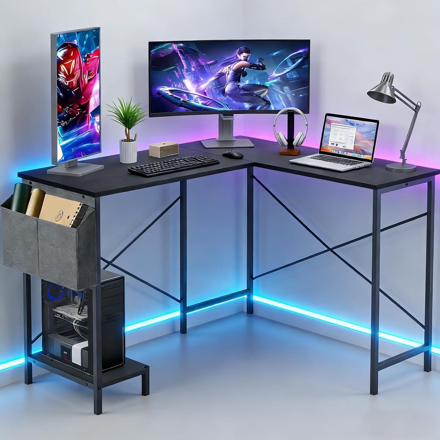L Shaped Desk, 50 Inch Reversible Computer Desk Corner Gaming Table With Cpu Stand & Storage Bag, Sturdy Metal Frame Pc Workstation For Home Office, Black Wood
