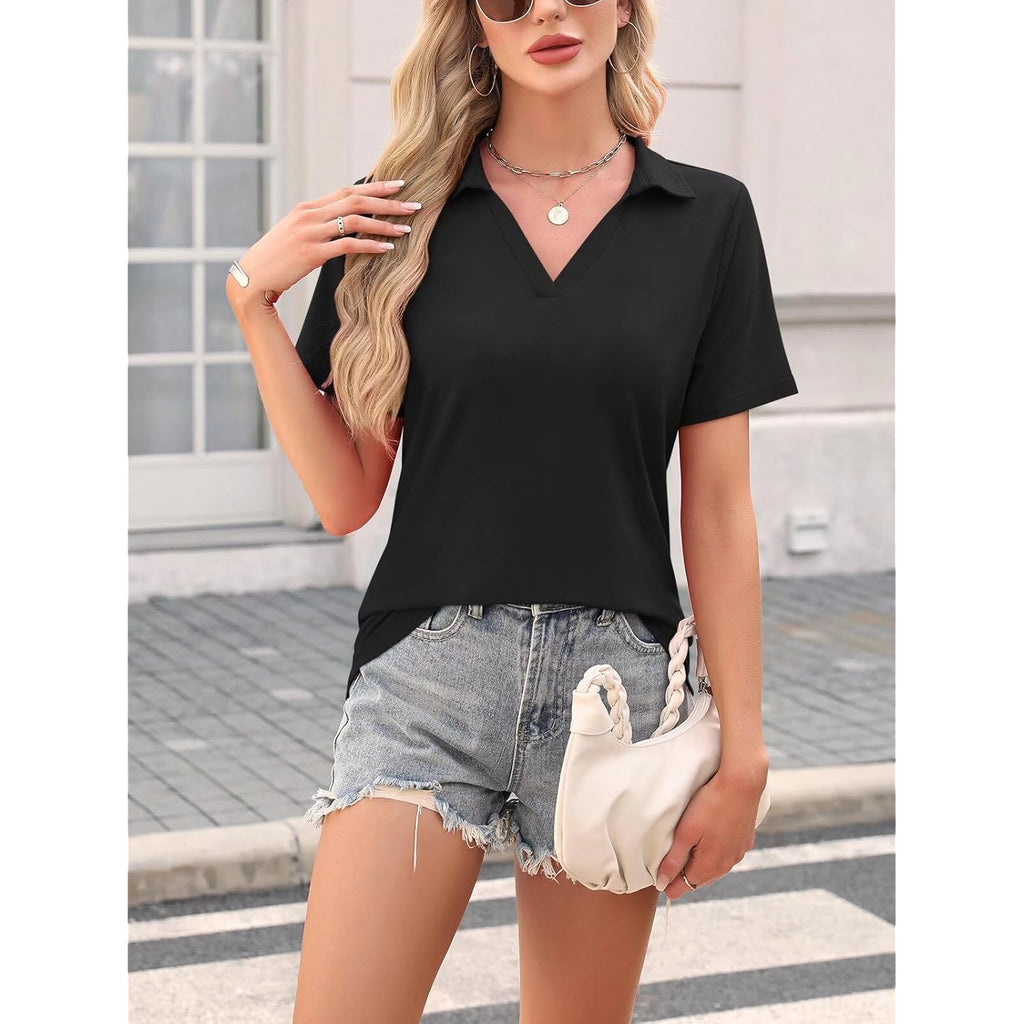 Women's Short Sleeve V Neck Polo Shirts Summer Collared Tops Casual Loose Tees Tops