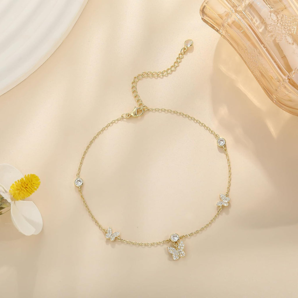 Anklets for Women Waterproof 14K Gold Plated Cz Beach Ankle Bracelets Dainty Summer Butterfly Clover Heart Bow Anklet Non Tarnish Layered Beach Jewelry Accessories for Women Trendy
