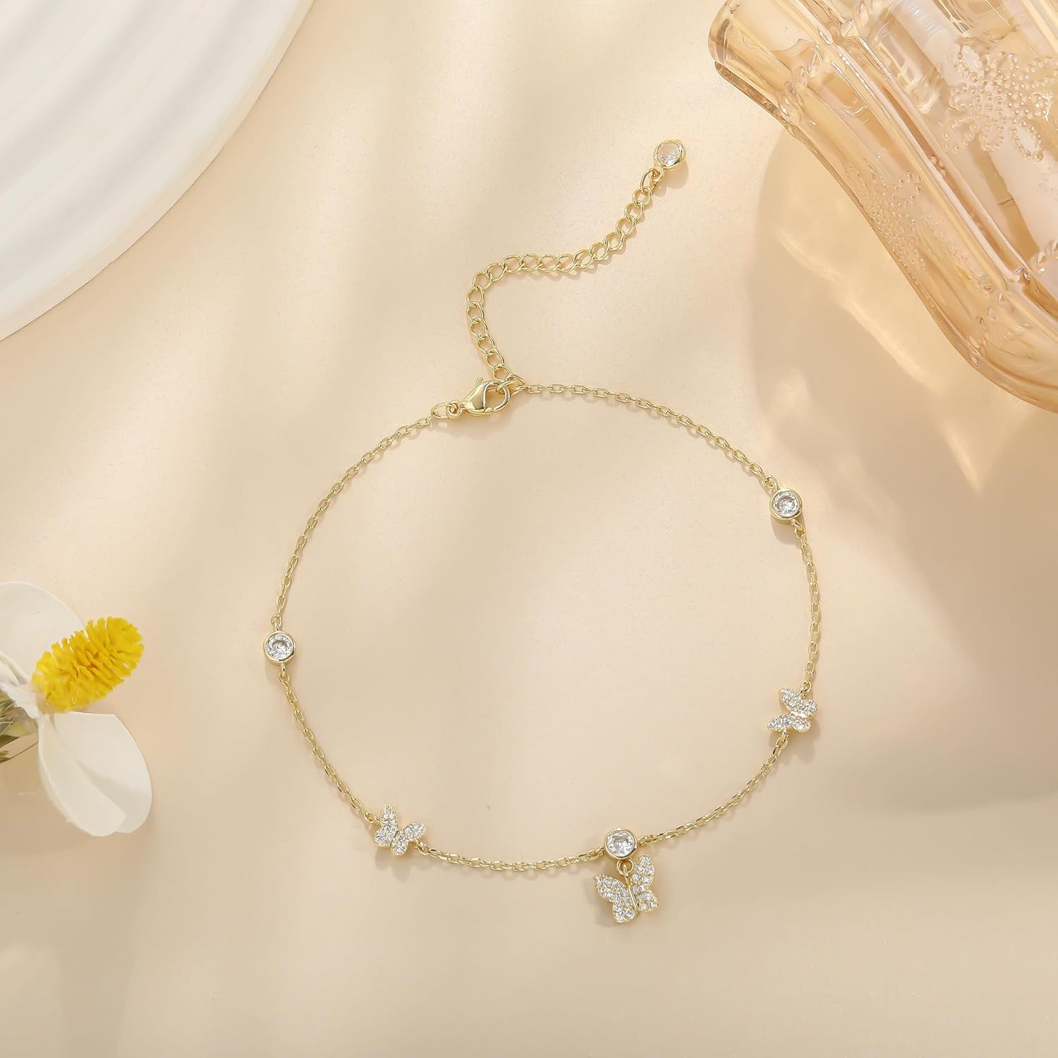 Anklets for Women Waterproof 14K Gold Plated Cz Beach Ankle Bracelets Dainty Summer Butterfly Clover Heart Bow Anklet Non Tarnish Layered Beach Jewelry Accessories for Women Trendy