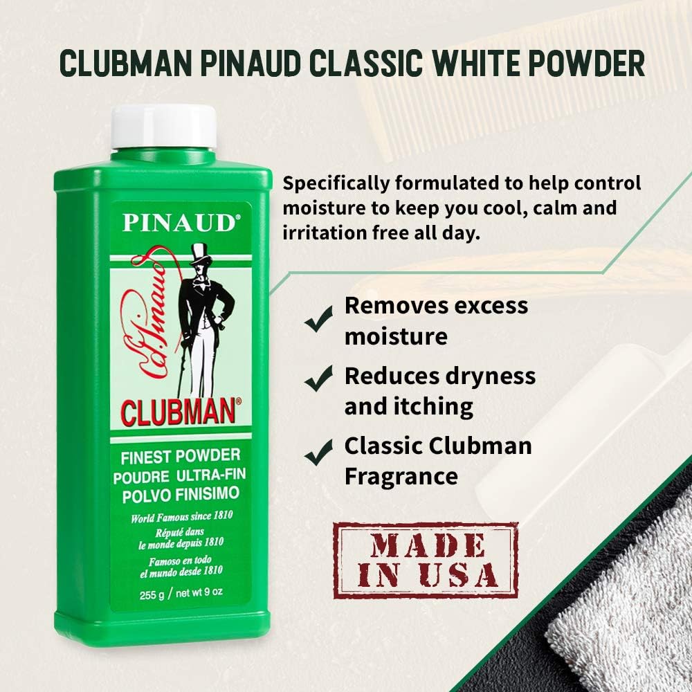 Clubman Pinaud Finest Body Powder – Sweat & Odor Control, Moisture Absorbing Grooming Essential, Cornstarch & Zinc Oxide, 9 oz, 1 Pack