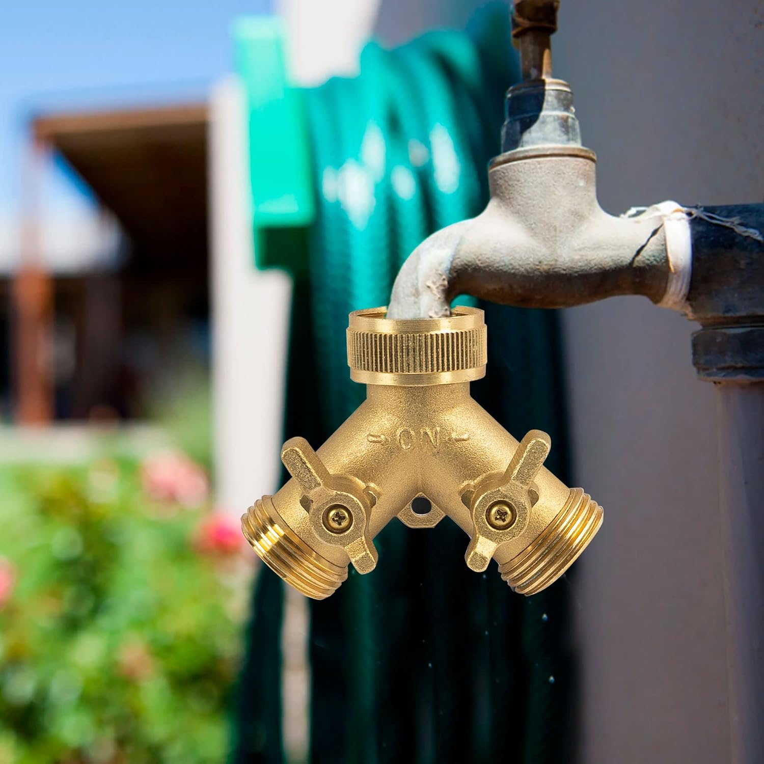 Hourleey Brass Garden Hose Splitter (2 Way), Solid Brass Hose Y Splitter 2 Valves With 2 Extra Rubber Washers (Brass)