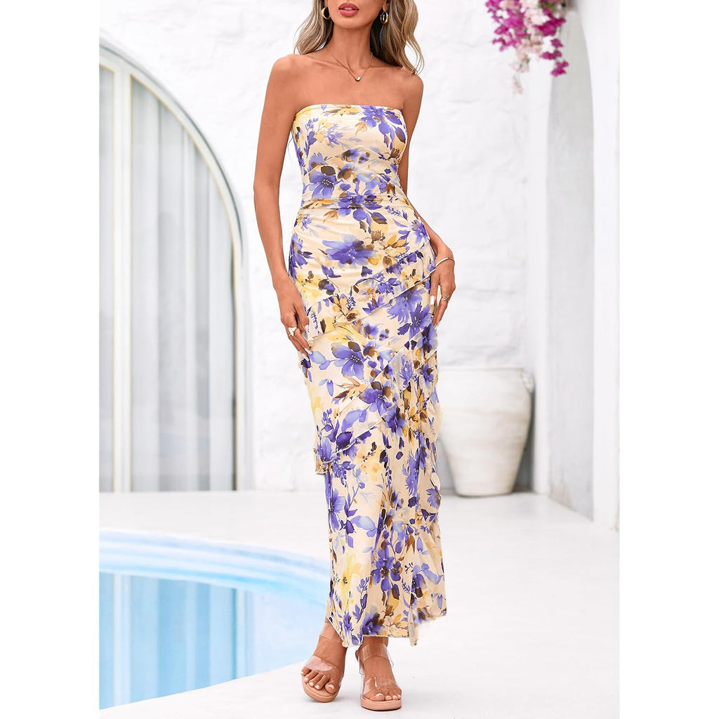Btfbm Off The Shoulder Dresses For Women Summer 2026 Strapless Ruffle Slit Formal Wedding Guest Dress Cocktail Party