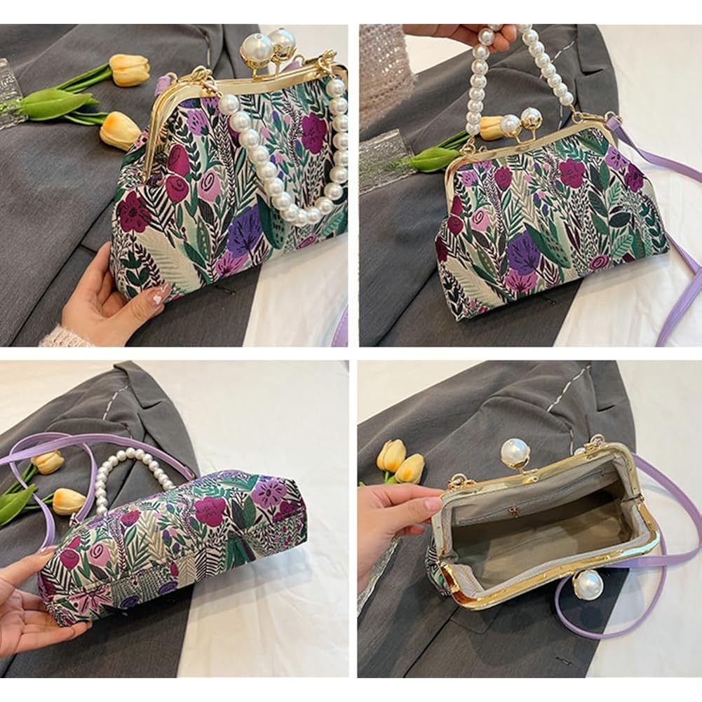 Vintage Embroidered Flower Handbag Retro Pearl Chain Crossbody Bag Clutch Kiss Lock Top Handle Shoulder Purse Wallet 2026
