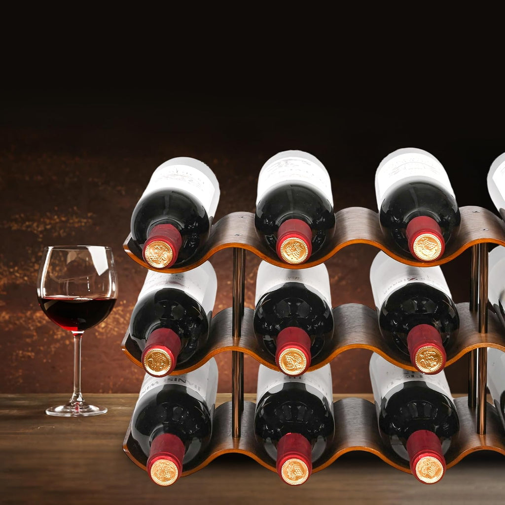 Countertop Wine Rack - 12 Bottle Freestanding Wine Bottle Holder Stand - 3 Tier Wooden Wine Storage Rack - Walnut Wavy Wine Organizer For Cabinet Pantry Home Kitchen Bar