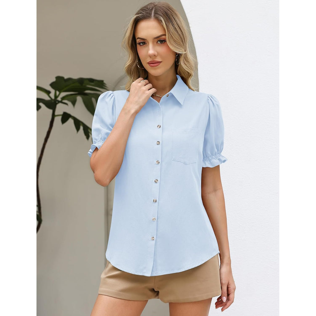 Linen Shirts for Women Puff Sleeve Button Down Summer Casual Cotton Linen Blouses Collared Work Tops Dressy