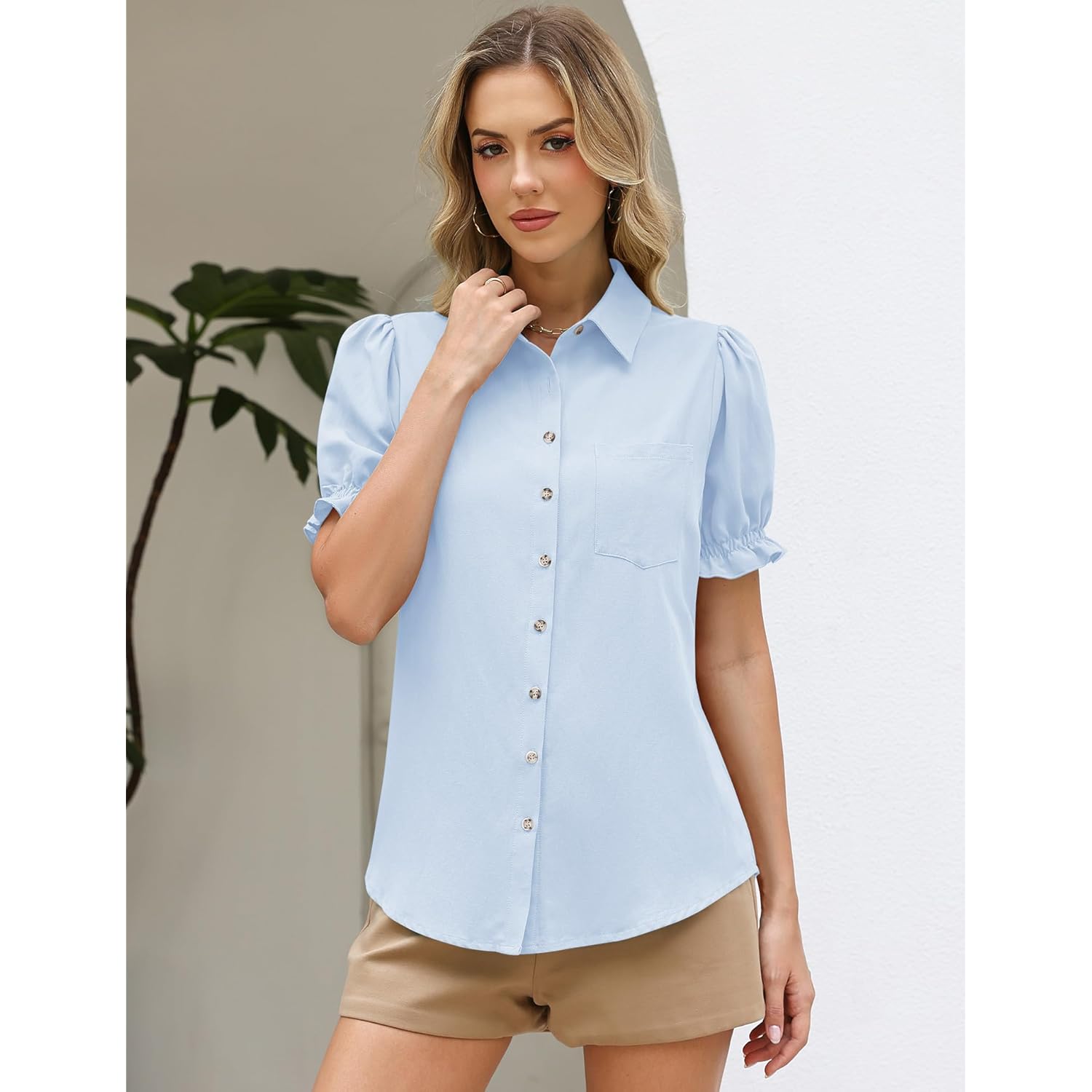 Linen Shirts for Women Puff Sleeve Button Down Summer Casual Cotton Linen Blouses Collared Work Tops Dressy