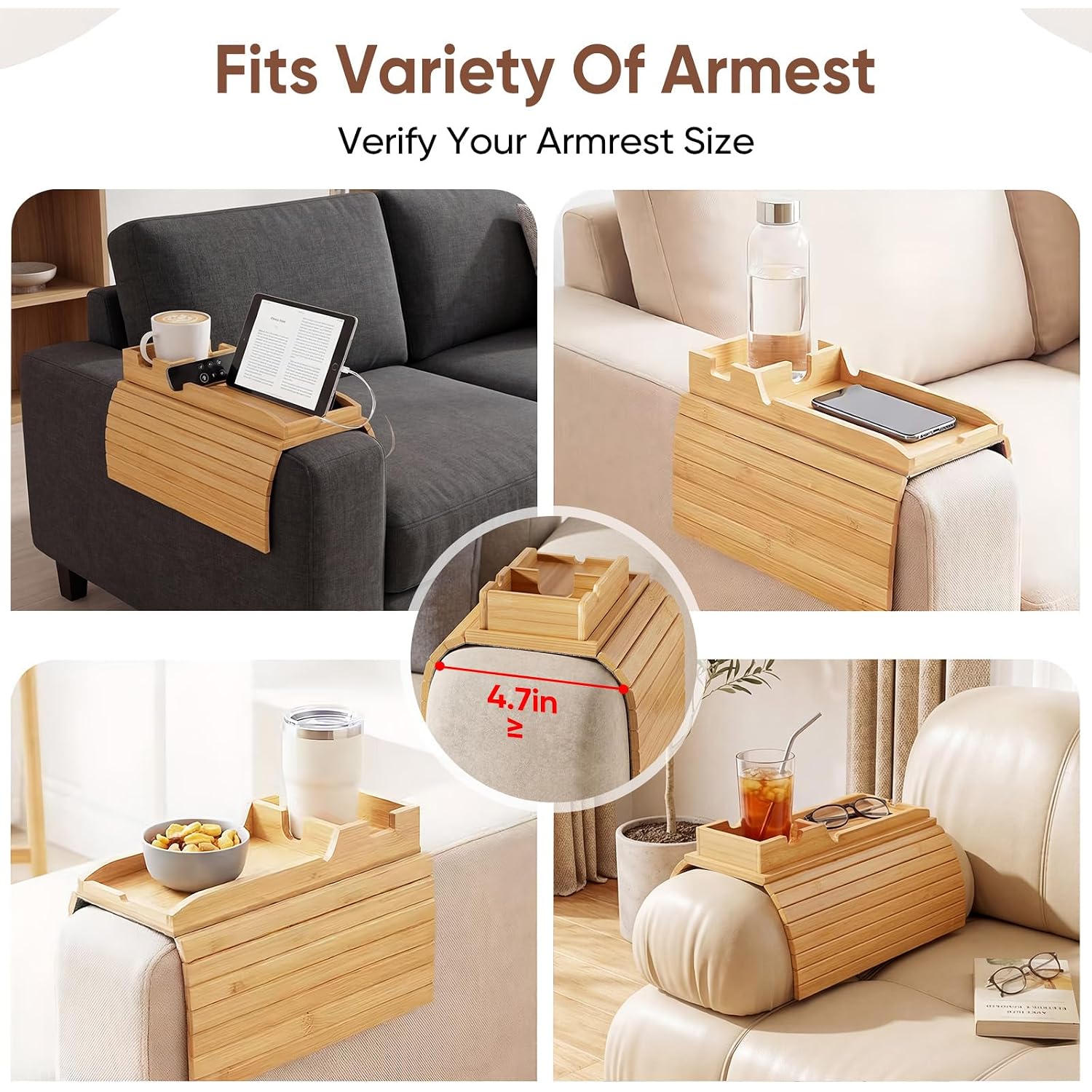 Bamboo Couch Arm Tray Table With Built-In Cup Holder, Foldable Anti-Slip Sofa Armrest Table For Drinks, Phone & Remote, Fits 4.7–16.9 In Armrests, Holds Cups Up To 3.5 In Diameter (Bamboo)