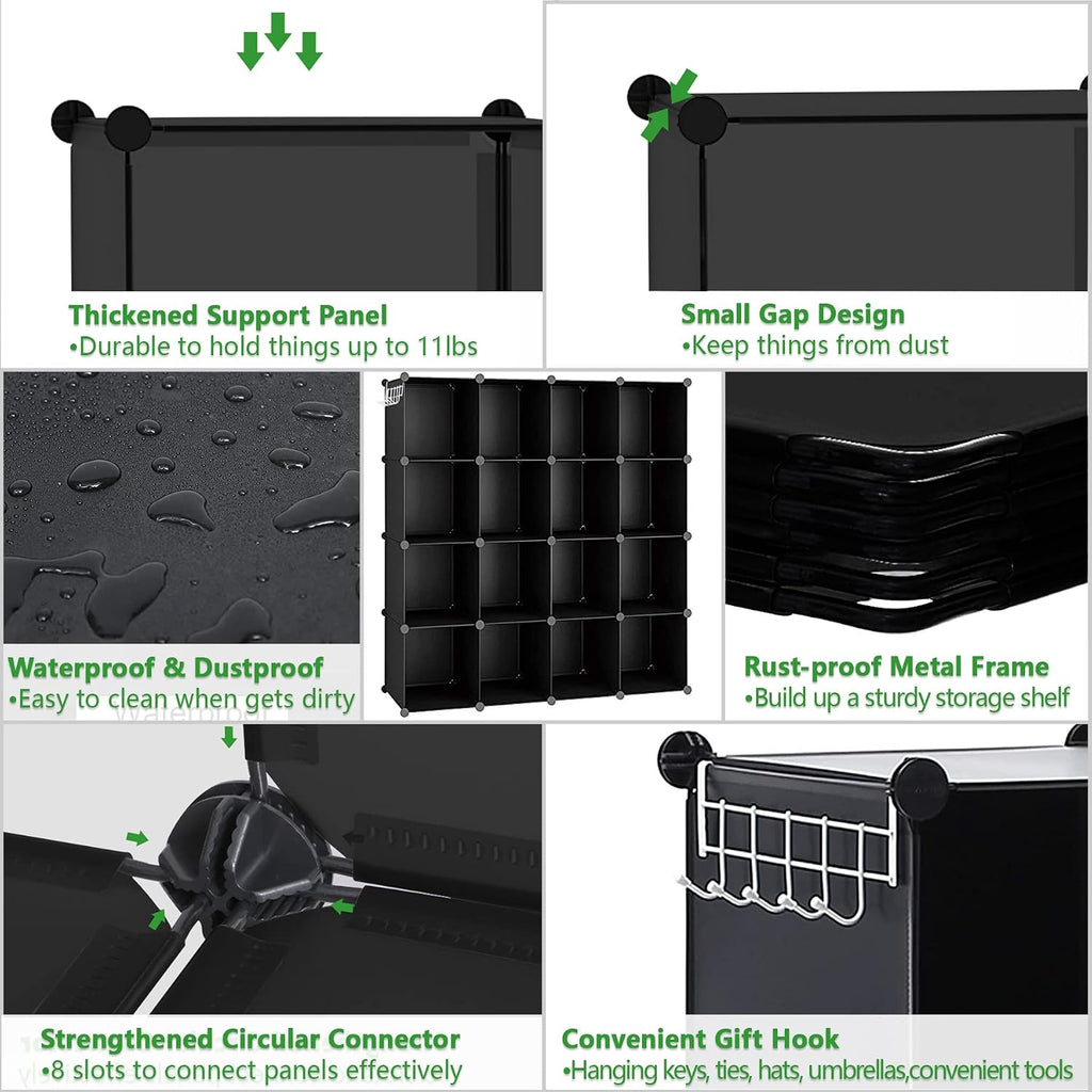 C&Ahome Cube Storage Organizer, 16-Cube Shelves Units, Plastic Storage Cubes, Diy Closet Organizer, Modular Closet Storage Shelves Ideal For Home, Bedroom, 48.4" L × 12.4" W × 48.4" H Black Sum3016H