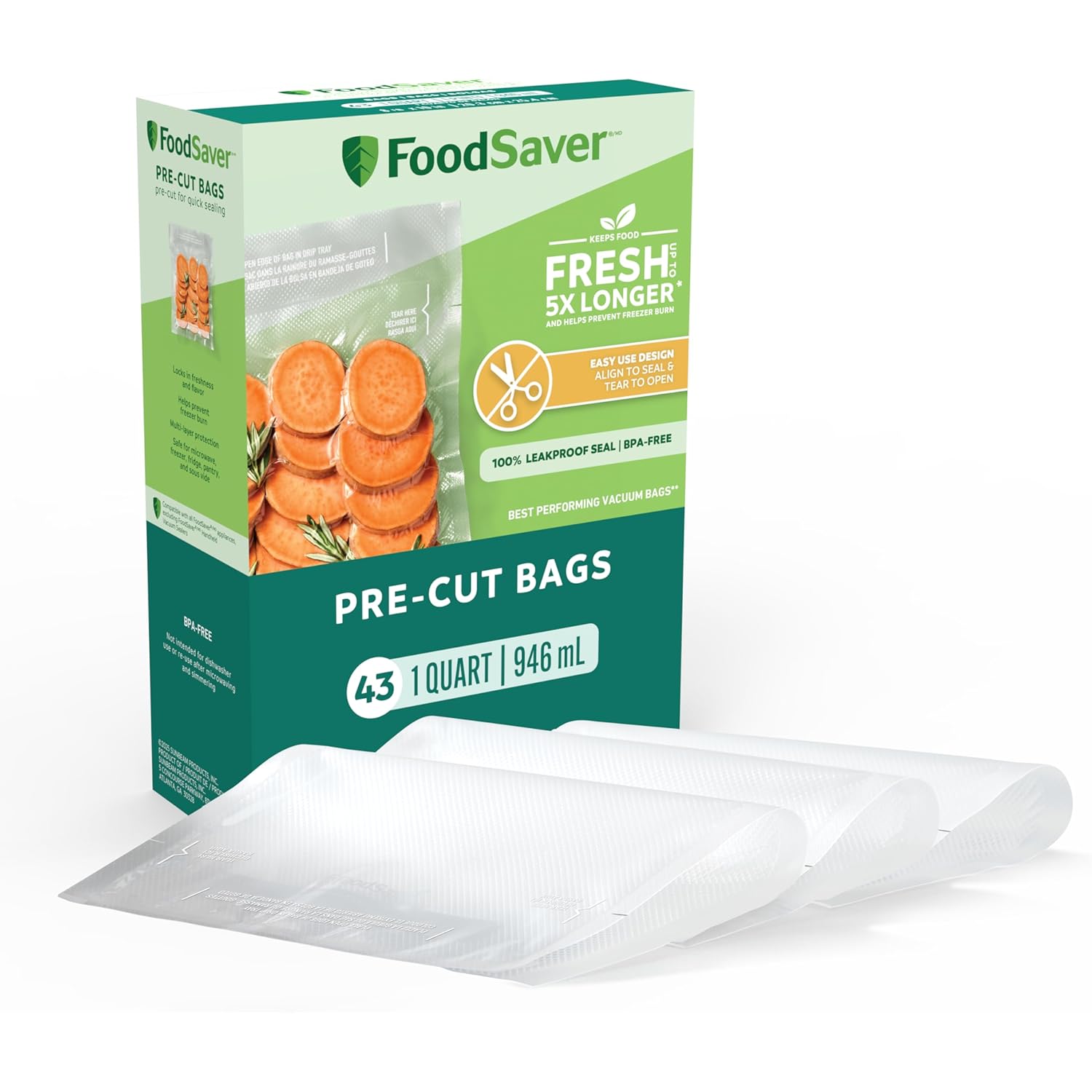 FoodSaver Quart Pre-Cut Vacuum Seal Bags, Easy Use Vacuum Storage Bags, Align to Seal and Tear to Open Vacuum Sealer Storage Bags, 43 Pack