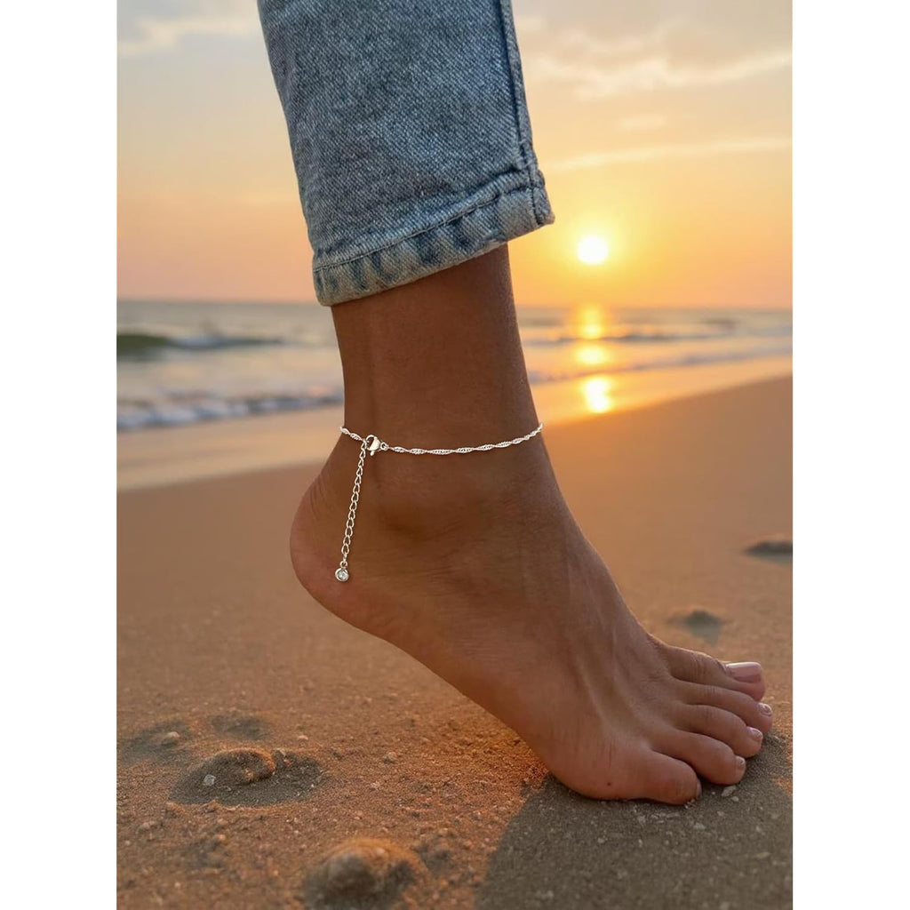 Moodear Ankle Bracelets for Women Trendy 14K Silver Plated Anklets for Women Waterproof Dainty Twist Cuban Link Satellite Bead Chain Anklets Non Tarnish Summer Beach Adjustable Anklet Jewelry Gift