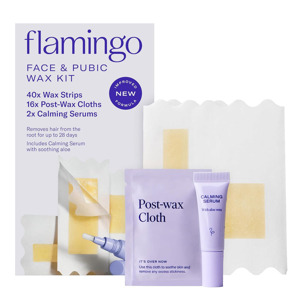 Flamingo Women’s Face Wax Kit with 20 Wax Strips for Face, 8 Post-Wax Cloths, and 1 Post-Wax Serum, Pack of 2