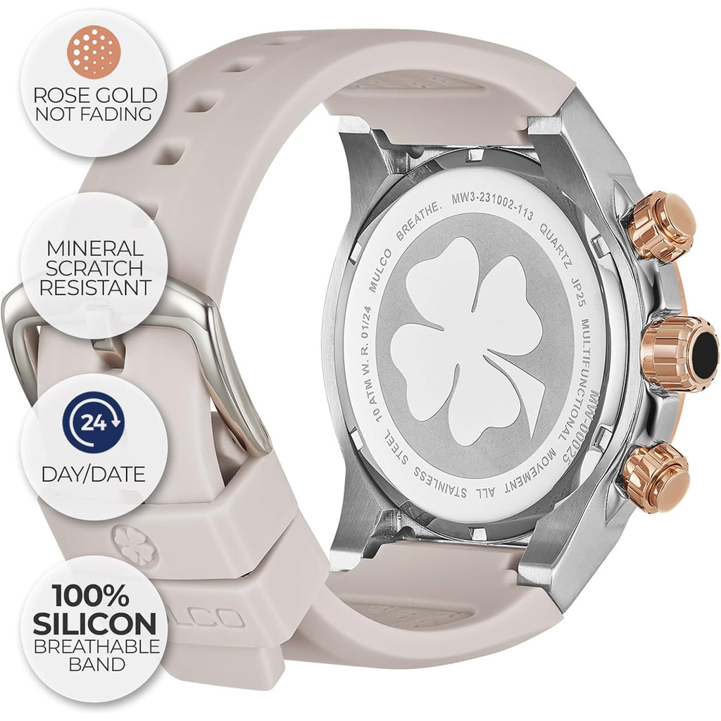 Mulco Luxury Watch For Women, Enchanted Maple - Silver Stainless Steel Case With Wrist Silicone Band, Large Face With Mother Of Pearl And Rose Gold, Quartz Analog Movement, Waterproof