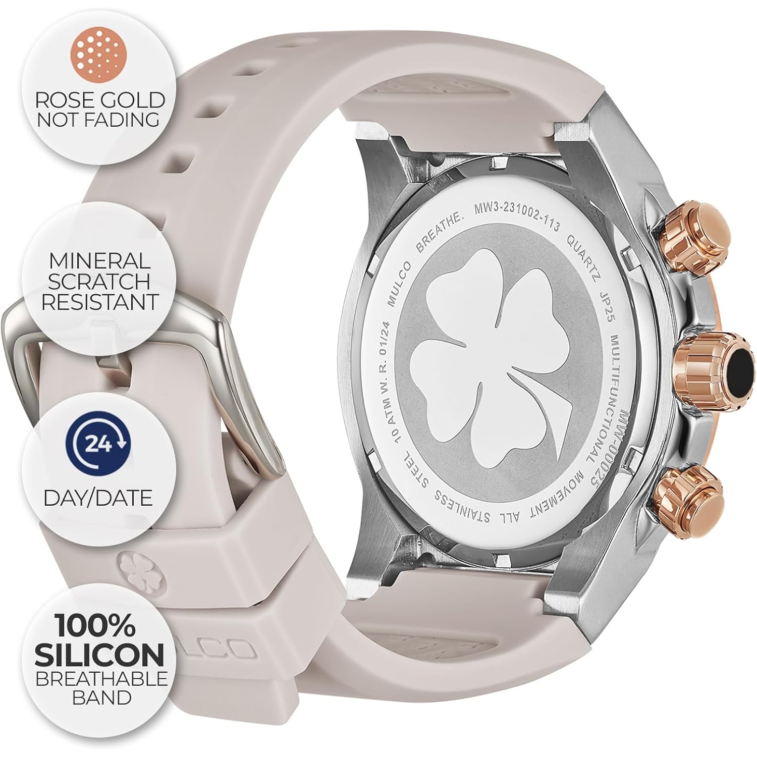 Mulco Luxury Watch For Women, Enchanted Maple - Silver Stainless Steel Case With Wrist Silicone Band, Large Face With Mother Of Pearl And Rose Gold, Quartz Analog Movement, Waterproof