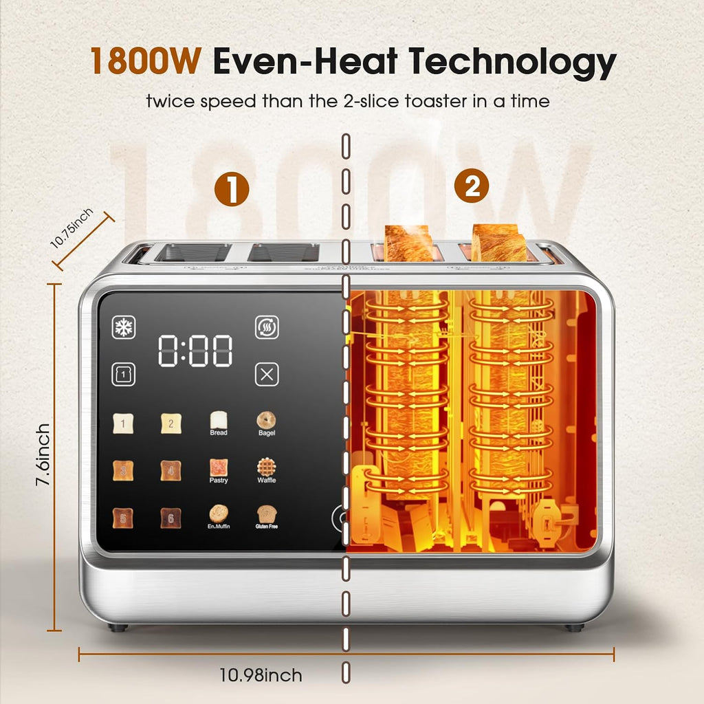4 Slice Toaster With Dual Touchscreen, 1800W Stainless Steel Dual Zone Independent Control Extra Wide Slot 1.5 Inch, Smart Breadid Timer For Bagel Waffle, Kitchen Essentials