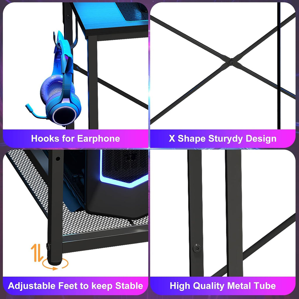 X-Cosrack 33.5" Small Gaming Desk With Led Lights & Power Outlets, Compact Computer Desk With Monitor Stand & Cpu Stand, Gamer Table With Storage Drawer, Side Hooks For Home Office, Bedroom, Black